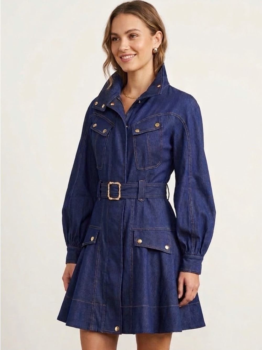 A487. "Zimmermann" Style Dark Blue Denim Belted Jacket Dress